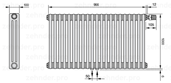 Схема (чертеж) Радиатор Zehnder Charleston 3100/21 №V008 Белый глянцевый RAL 9016